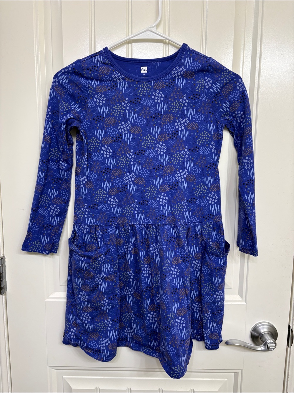 Girls' Long Sleeve Blue Patterned Pocket Dress